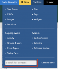 Use the search feature in the toolbox to search for events.