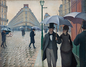 Painting of people dressed in black, holding umbrellas, walking on a cobblestone street in Paris.