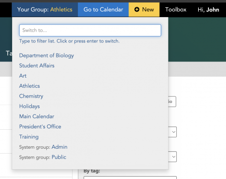 A view of the group switcher in the LiveWhale dashboard.