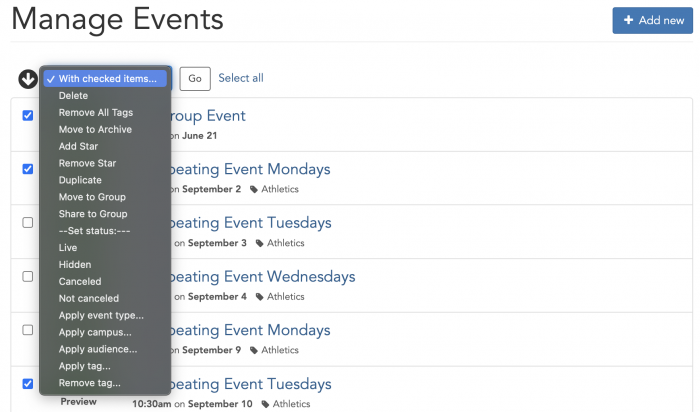 Using a bulk action for your events in the dashboard.