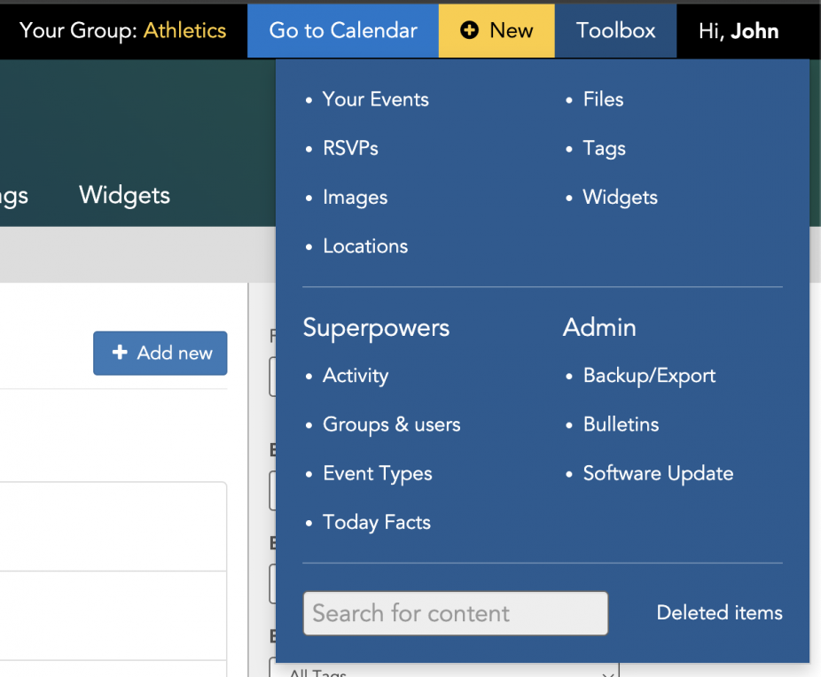 The backend tool bar opened showing all the options available.