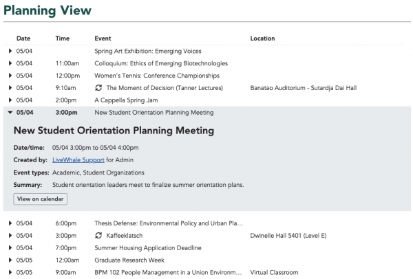UI of planning view