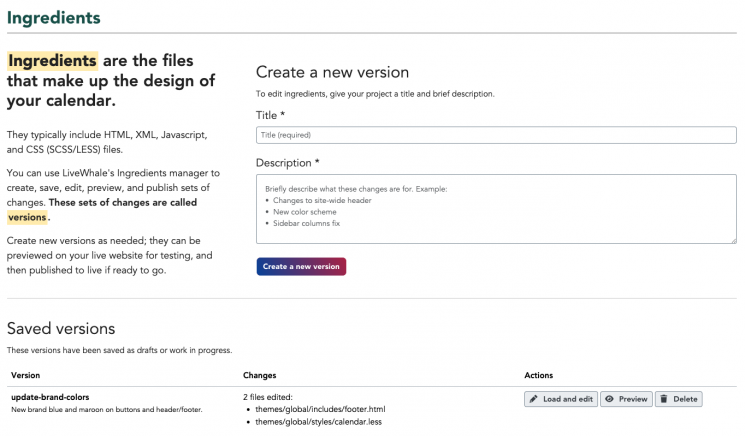 Homepage of Ingredients tool with add new form